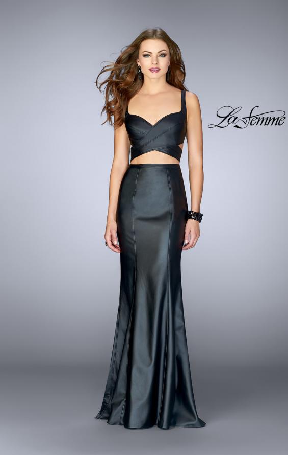 Picture of: Illusion Two Piece Vegan Leather Dress with High Slit in Black, Style: 24744, Main Picture