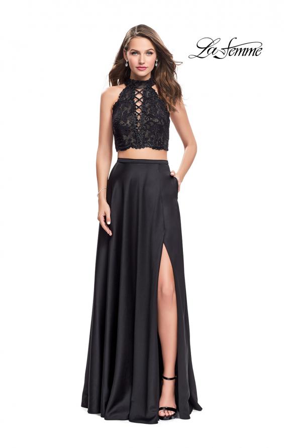 Picture of: Two piece gown with lace up top and satin A line skirt in Black, Style: 25263, Main Picture