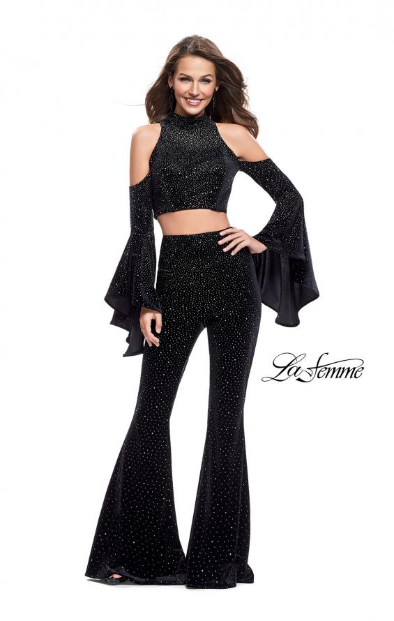 Picture of: Two Piece Sparkling Pants Set with Shoulder Cutouts in Black, Style: 25410, Main Picture