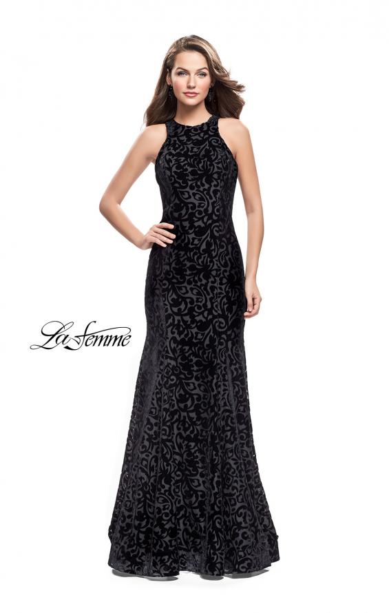 Picture of: Long Velvet Gown with a High Neck and Deep V in Black, Style: 25490, Main Picture