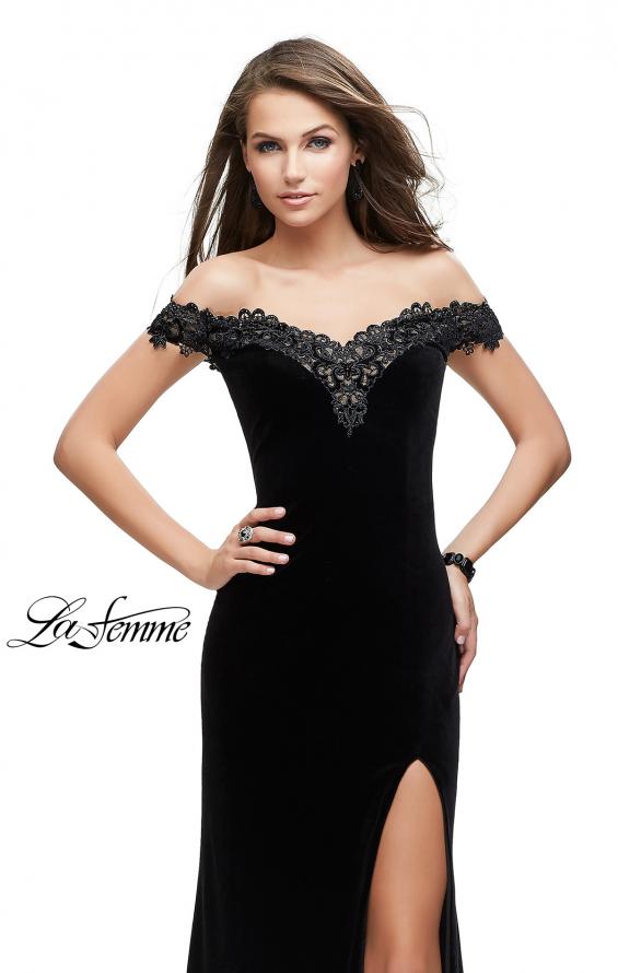 Picture of: Long Velvet Off the Shoulder Gown with Lace Detail in Black, Style: 25591, Main Picture