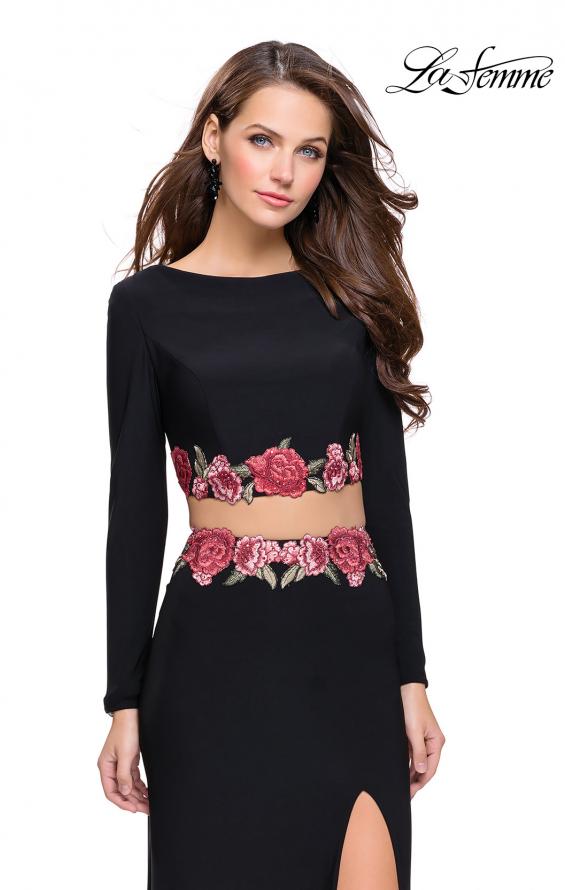 Picture of: Long Sleeve Two Piece Dress with Floral Applique in Black, Style: 25695, Main Picture