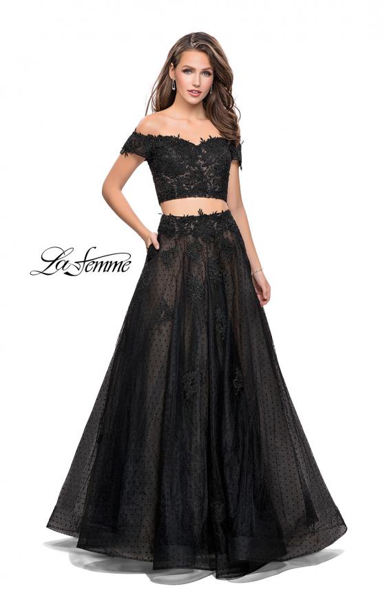 Picture of: Off the Shoulder Two Piece Gown with Polka Dot Print in Black, Style: 26110, Main Picture