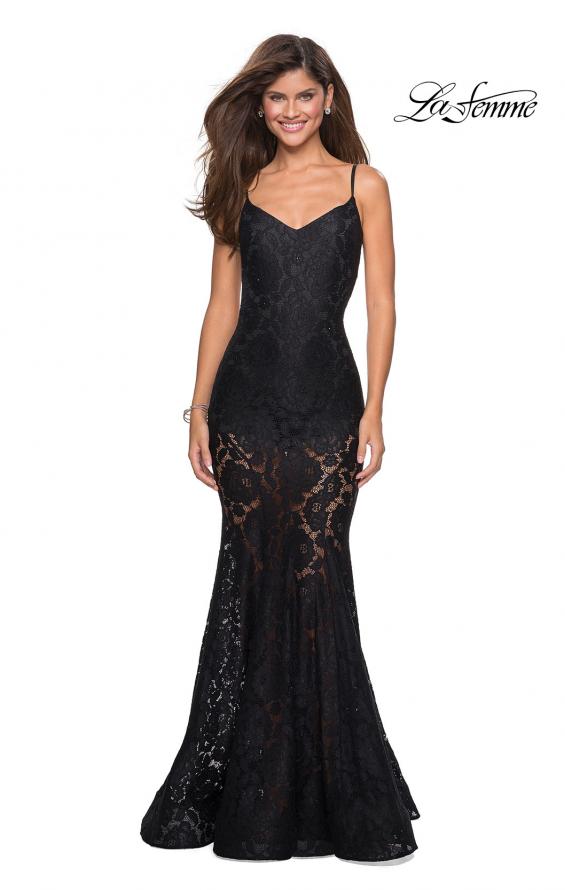 Picture of: Long Form Fitting Lace Prom Dress with Attached Shorts in Black, Style: 27584, Main Picture