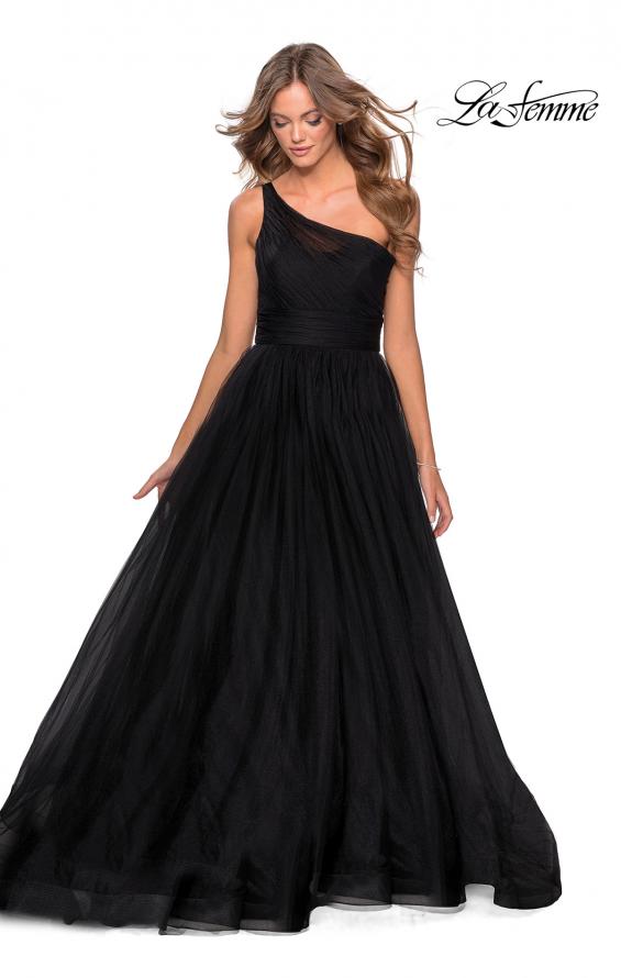 Picture of: One Shoulder Tulle Ball Gown with Pockets in Black, Style: 28383, Main Picture