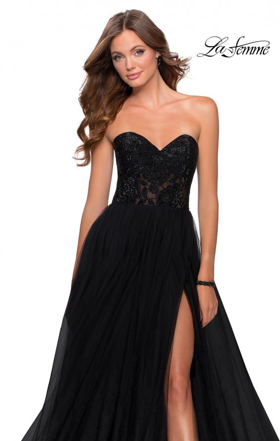 Picture of: Strapless Tulle Dress with Lace Rhinestone Bodice in Black, Style: 28487, Main Picture