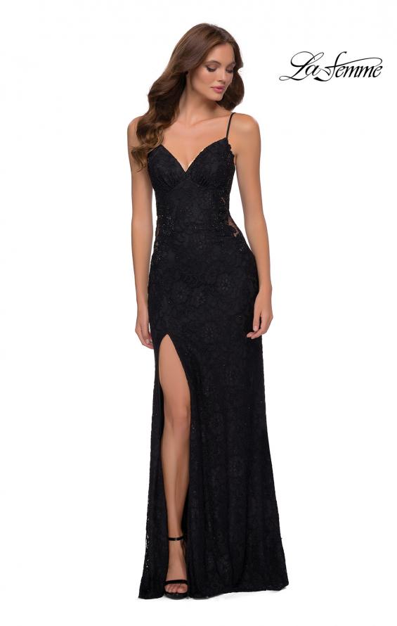 Picture of: Sleek Lace Long Dress with Sheer Sides and Open Back in Black, Style 29694, Main Picture