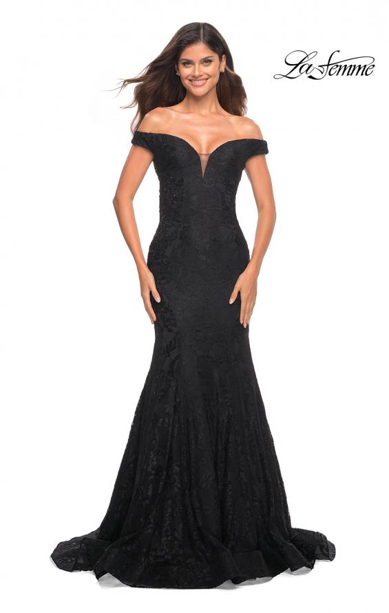 Picture of: Mermaid Lace Off the Shoulder Gown with Sheer Back in Black, Main Picture