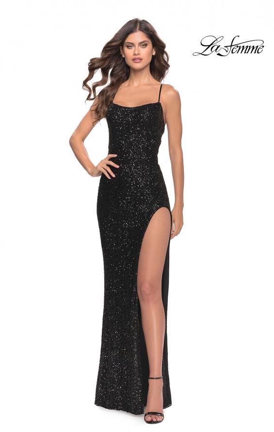 Picture of: Simple Stretch Sequin Gown with High Circle Slit in Black, Style: 31166, Main Picture