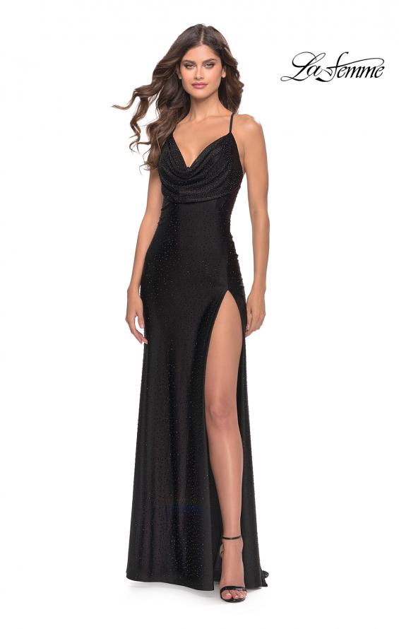 Picture of: Drape Neckline Jeweled Jersey Prom Dress with High Slit in Black, Style: 31221, Main Picture