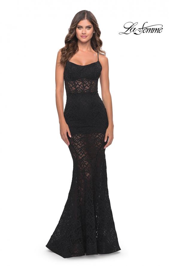 Picture of: Romper Lace Dress with Sheer Skirt and Lace Up Back in Black, Style: 31253, Main Picture