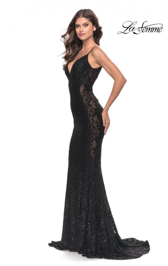 Picture of: Beaded Lace Mermaid Gown with Sheer Side Panels in Black, Style: 31257, Main Picture