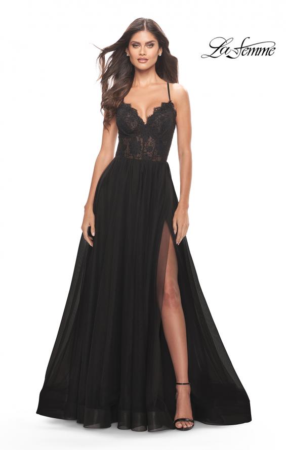 Picture of: Tulle Dress with Full Skirt and Sheer Lace Bodice in Black, Style: 31271, Main Picture