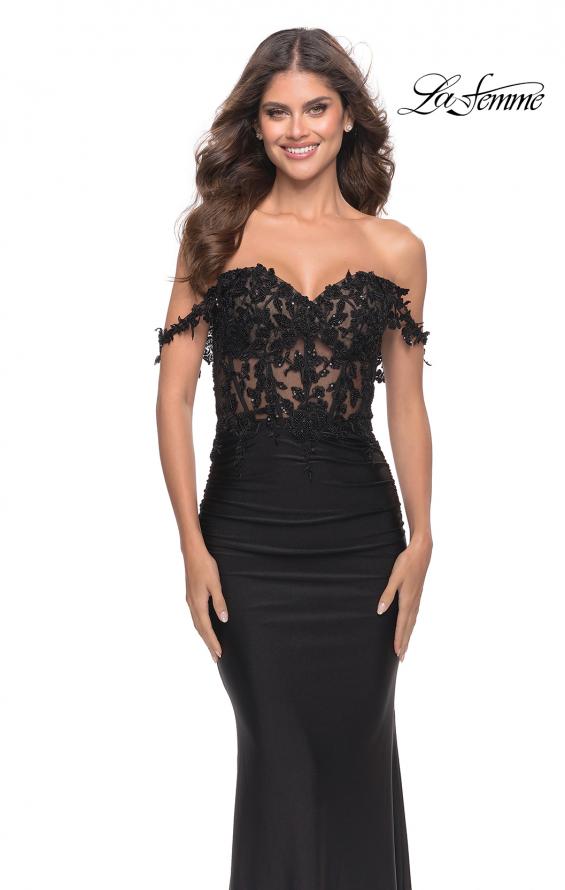 Picture of: Sheer Lace Bodice with Off the Shoulder Straps and Jersey Skirt Gown in Black, Style: 31314, Main Picture