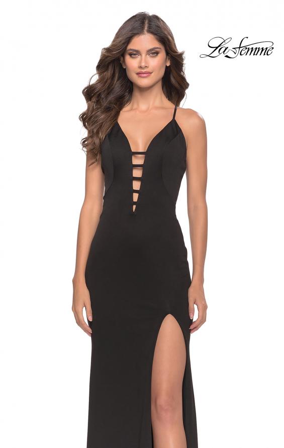 Picture of: Fitted Matte Jersey Gown with Unique Deep V Neckline in Black, Style: 31370, Main Picture