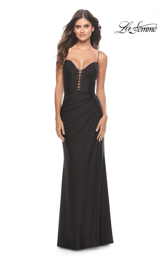 Picture of: Jersey Dress with Lace Up Deep V Neckline in Black, Style: 31553, Main Picture