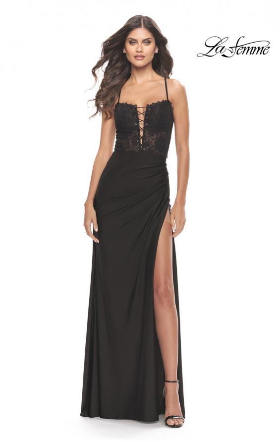 Picture of: Lace Bodice with Tie Up Deep V Neckline Jersey Dress in Black, Style: 31567, Main Picture