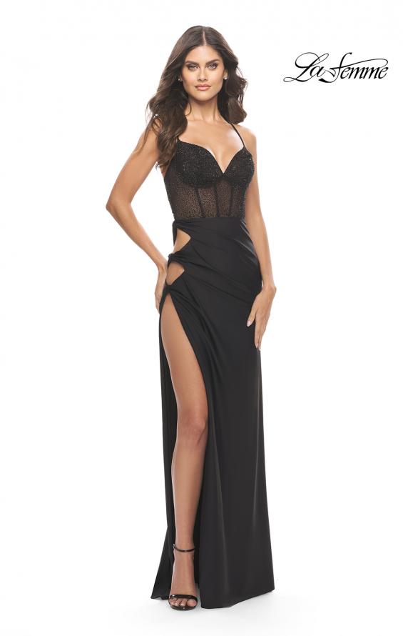 Picture of: Side Cut Out Jersey Gown with Rhinestone Bodice in Black, Style: 31599, Main Picture