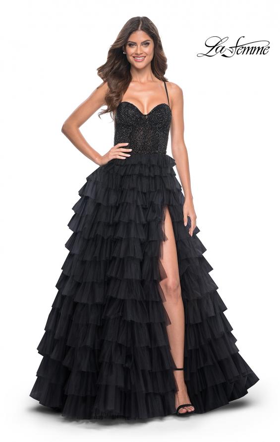 Picture of: Tiered Ruffle Tulle Prom Dress with Rhinestone Embellished Bodice in Black, Style: 32002, Main Picture