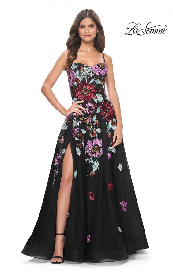 Picture of: Sequin Floral Print A-Line Tulle Gown with High Slit in Black, Style: 32019, Main Picture