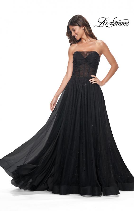 Picture of: Rhinestone Embellished Tulle Gown with Strapless Top in Black, Style: 32029, Main Picture