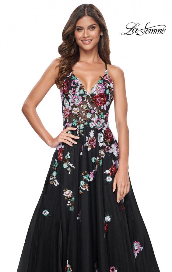 Picture of: Multi Color Sequin Floral Applique A-Line Prom Dress in Black, Style: 32051, Main Picture