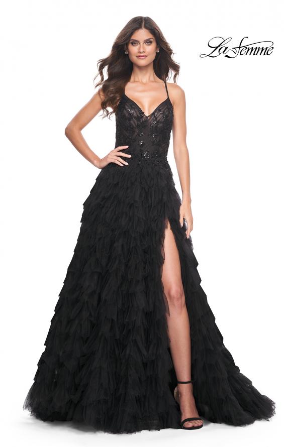 Picture of: Ruffle A-Line Dress with Ruched Bodice and Sequin Lace Applique in Black, Style: 32108, Main Picture