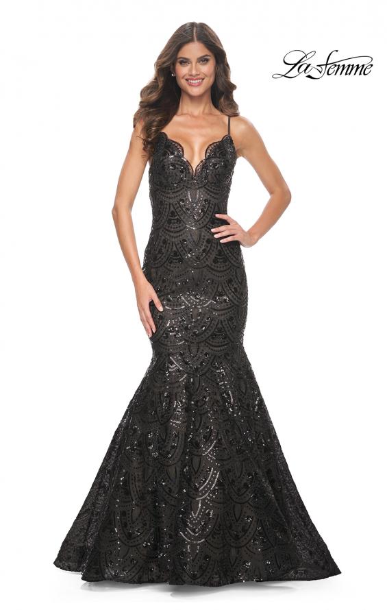 Picture of: Mermaid Print Sequin Dress with Scallop Detail Neckline in Black, Style: 32118, Main Picture