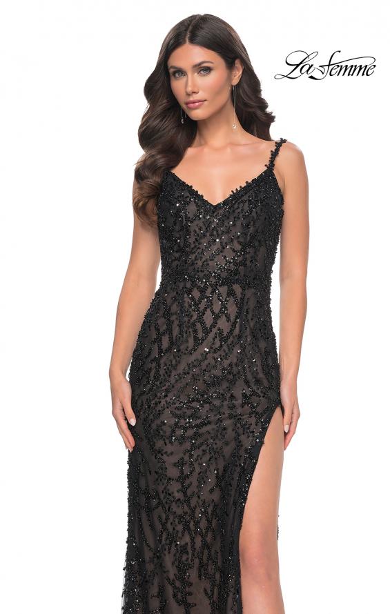 Picture of: Beaded Gown with Intricate Design and V Neckline in Black, Style: 32450, Main Picture