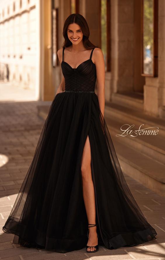 Picture of: A-line Prom Dress with Tulle Skirt and Rhinestone Belt in Black , Style 32656, Main Picture
