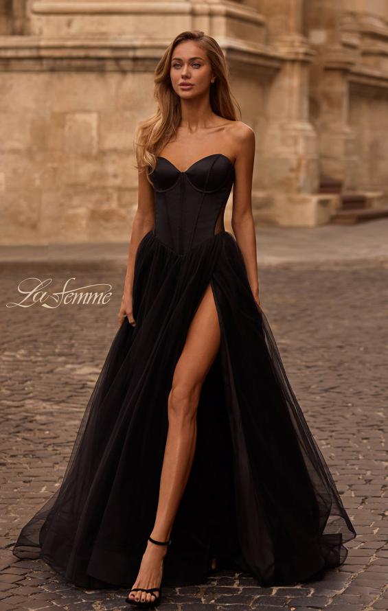 Picture of: Strapless Tulle Evening Dress with Basque Waist and Satin Bodice in Black , Style 32771, Main Picture
