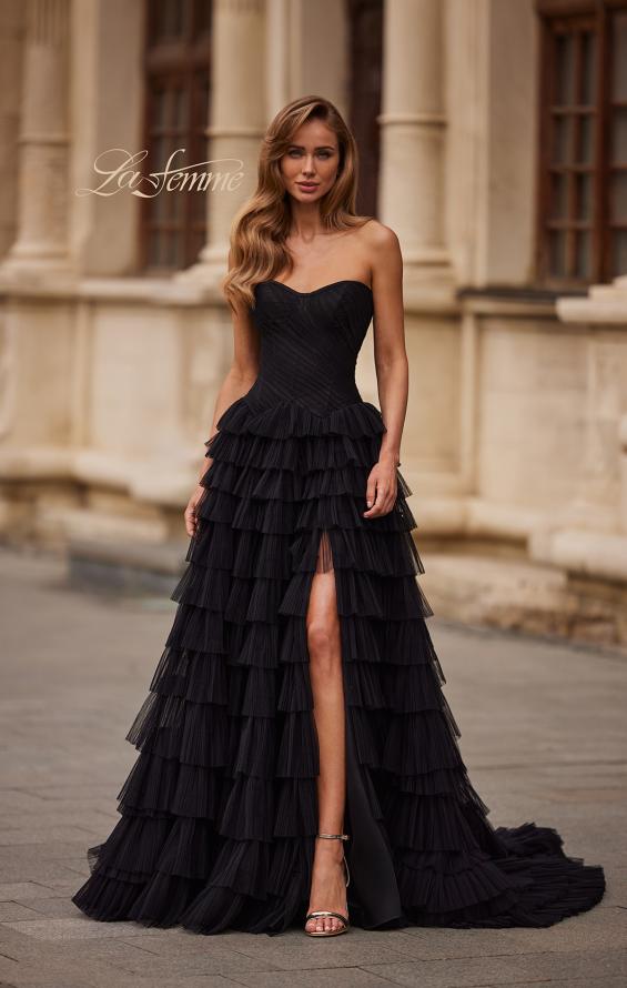Picture of: Strapless Tiered Ruffle Gown with Pleated Bodice and Front Slit in Black, Style: 33202, Main Picture