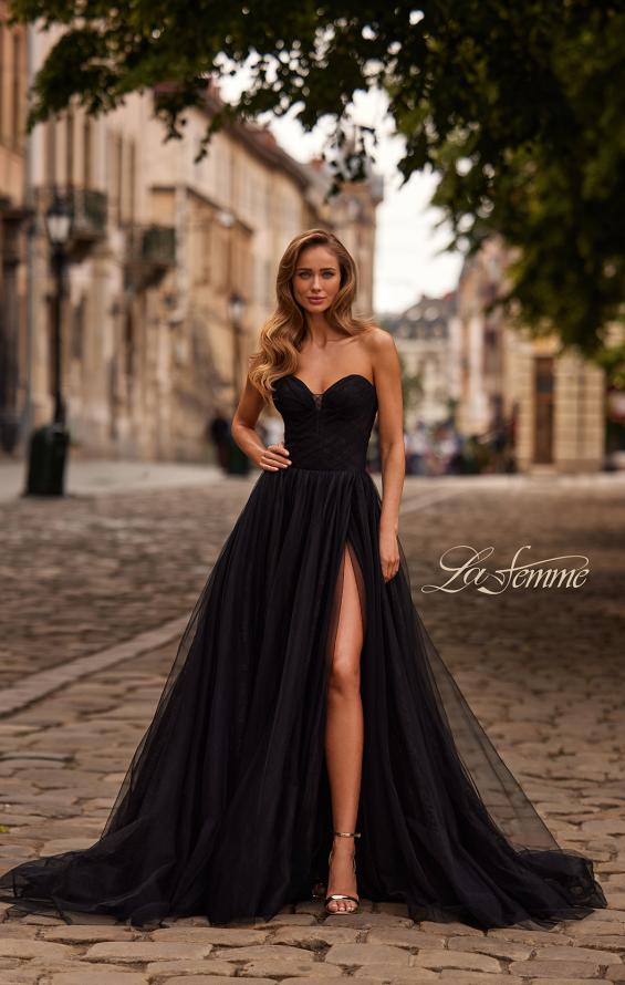 Picture of: Strapless A-Line Gown with Sheer Corset Bodice and High Slit in Black, Style: 33307, Main Picture