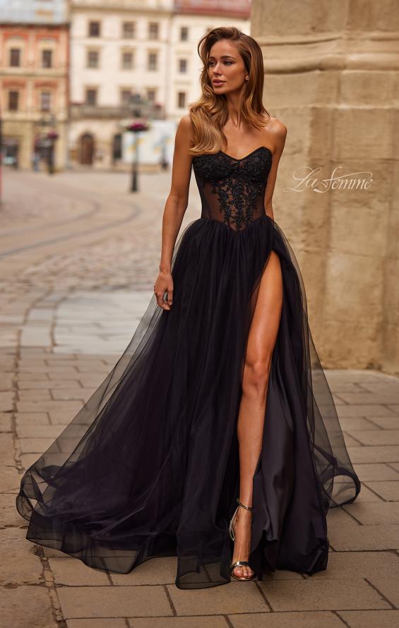 Black Picture of: Strapless Corset Gown with Tulle Skirt and High Slit in Black, Style: 33491, Main Picture