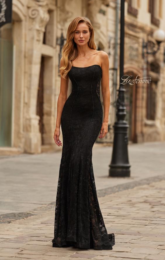 Picture of: Strapless Lace Gown with Corset Back and Illusion Sides in Black, Style: 33608, Main Picture