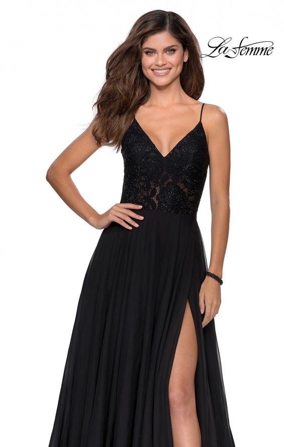 Picture of: Chiffon Prom Dress with Sheer Floral Lace Bodice in Black, Style: 28664, Detail Picture 8