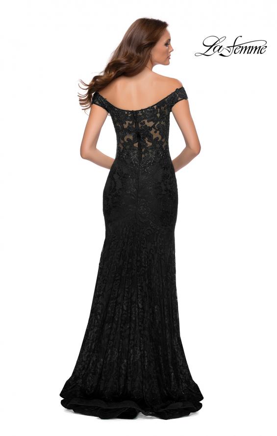 Picture of: Lace Off the Shoulder Gown with Deep V Neckline in Black, Style 29693, Detail Picture 9
