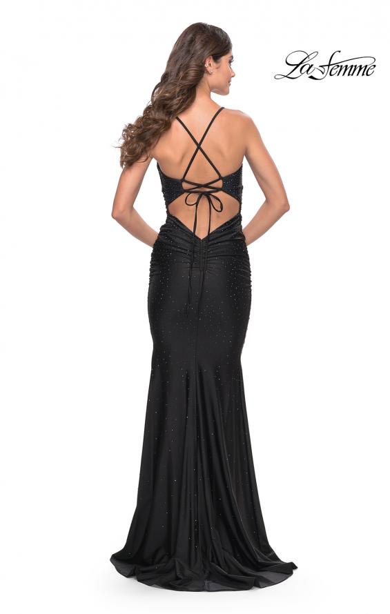 Picture of: Embellished Rhinestone Jersey Long Dress with Lace Up Back in Black, Style: 30996, Detail Picture 8
