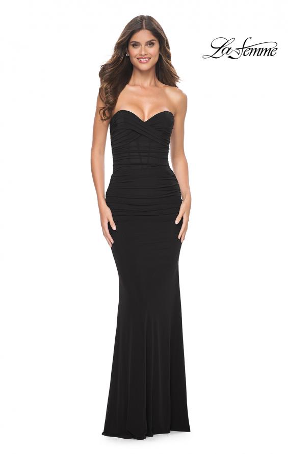 Picture of: Strapless Ruched Net Jersey Gown with Sweetheart Top in Black, Style: 31899, Detail Picture 8