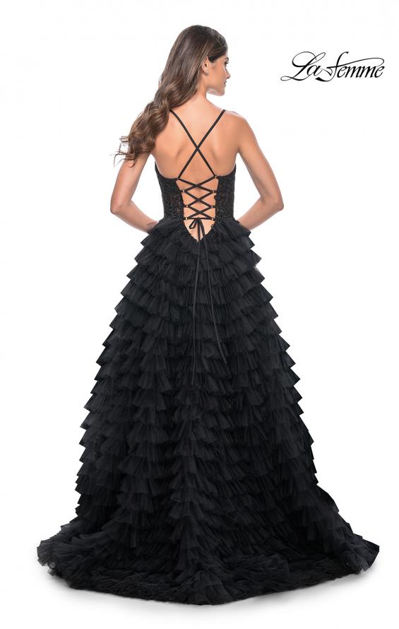 Picture of: Ruffle Tulle Prom Gown with Illusion Lace Bodice and High Slit in Black, Style: 32128, Detail Picture 8
