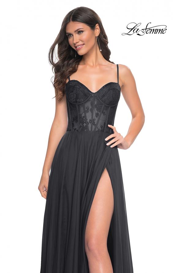 Picture of: Chiffon and Lace Gown with Bustier Top in Black, Style: 32276, Detail Picture 8