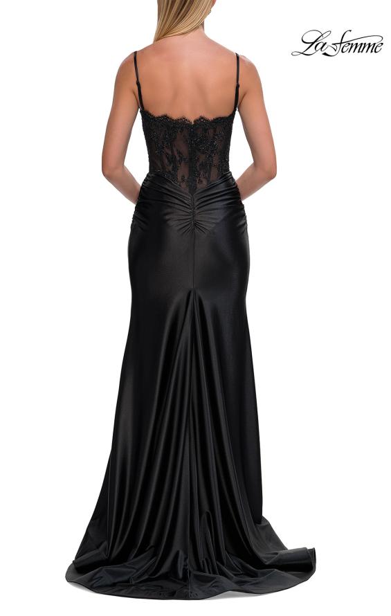 Picture of: Lace and Satin Fitted Gown with High Slit and Spaghetti Straps in Black, Style: 33325, Detail Picture 8