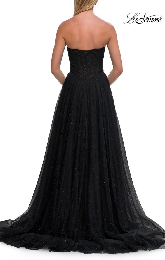 Black Picture of: Strapless Rhinestone Ball Gown with High Slit in Black, Style: 33488, Detail Picture 8
