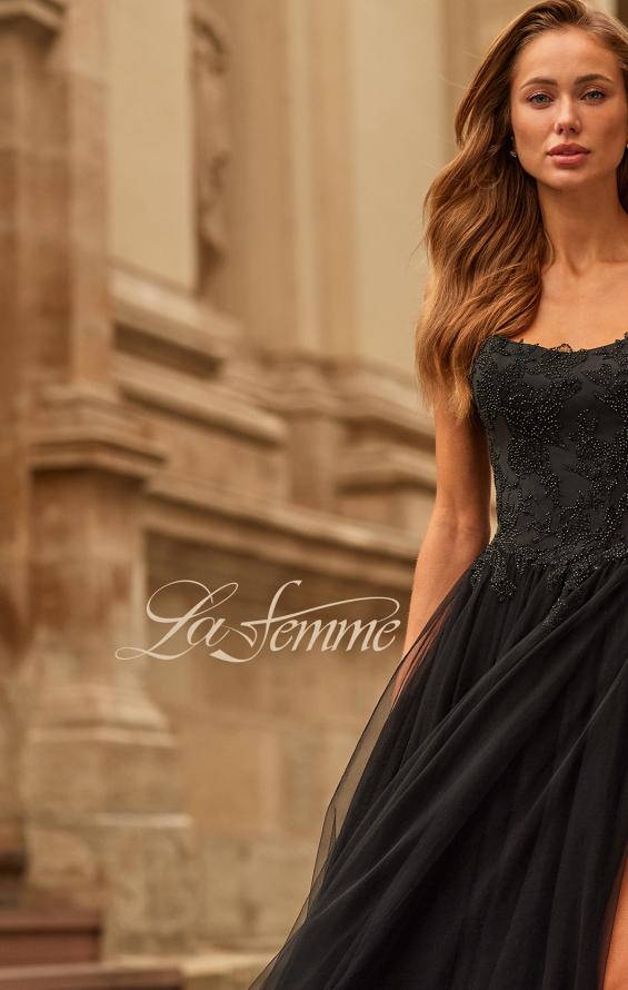 Black Picture of: Beaded Lace Corset Gown with Sheer Tulle Skirt and Slit in Black, Style: 33499, Detail Picture 8, Landscape