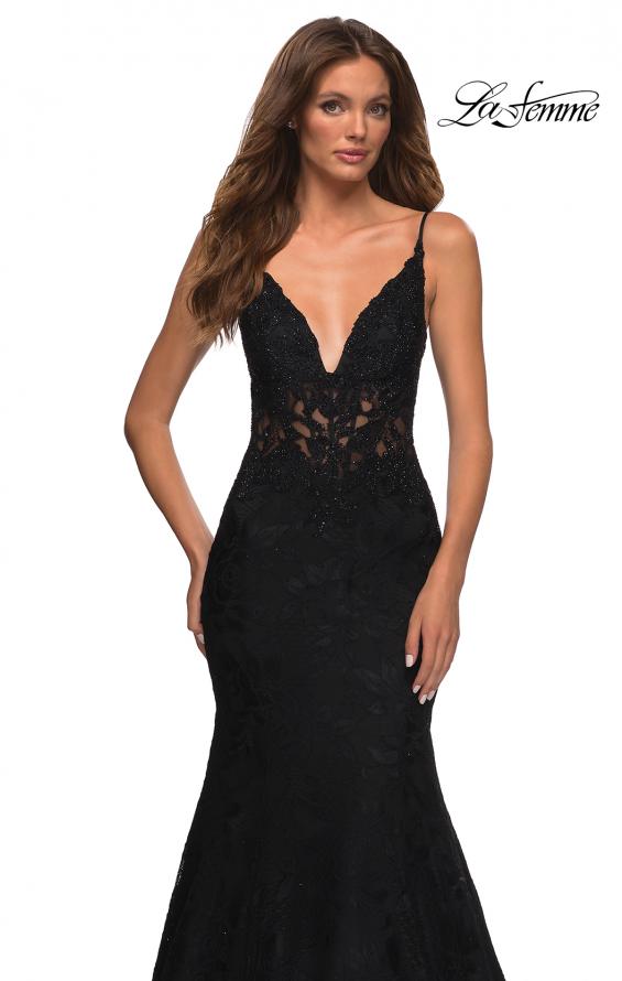 Picture of: Mermaid Lace Prom Dress with Sheer Jeweled Bodice in Black, Detail Picture 9