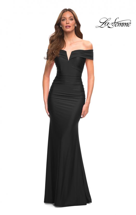 Picture of: Ruched Off the Shoulder Gown with V Neckline in Black, Style: 30582, Detail Picture 9