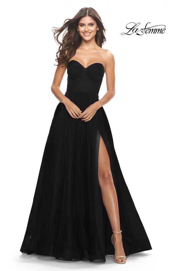 Picture of: Illusion Bodice A-line Gown with Boning and Defined Cups in Black, Style: 31205, Detail Picture 9