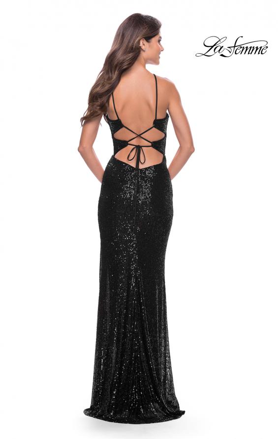 Picture of: Stretch Sequin Dress with Unique Front Cut Outs in Black, Style: 31549, Style: 31549