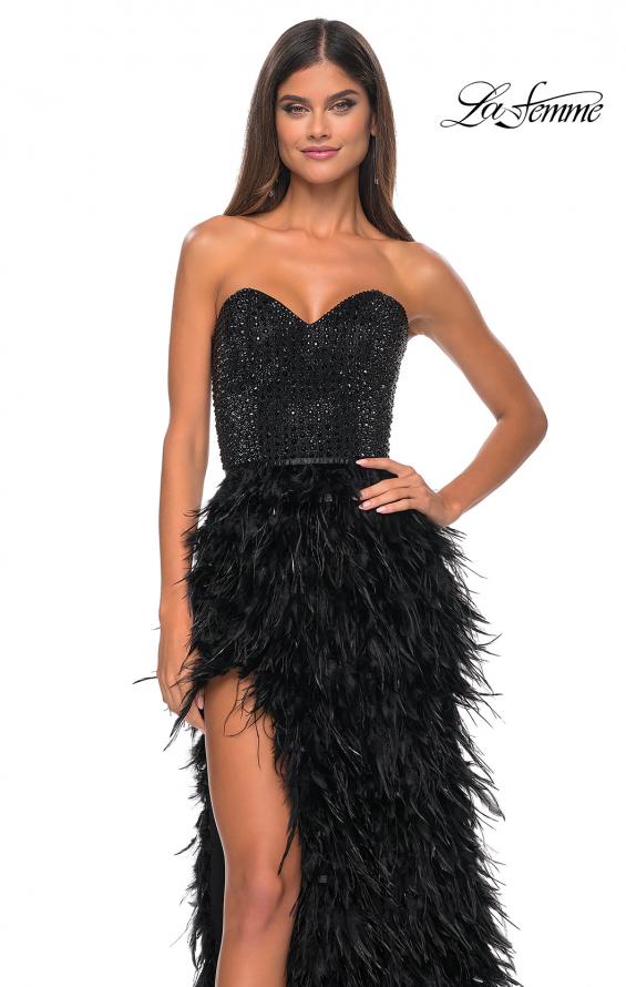 Picture of: Feather Prom Gown with High Slit and Full Rhinestone Strapless Bodice in Black, Style: 32165, Detail Picture 9