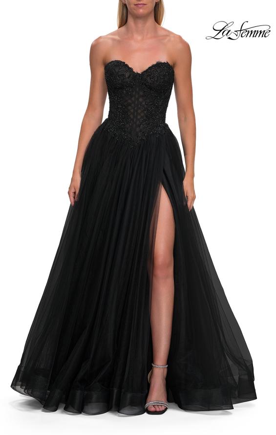 Picture of: Tulle Ball Gown with Beaded Corset Bodice and High Slit in Black, Style: 33410, Detail Picture 9